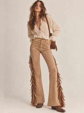 Forever 21 Faux Suede Fringe Flare Pants Western Boho Tan Size S